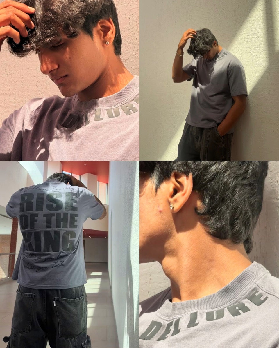 Close-ups of a Dellure grey oversized t-shirt with embossed neck and back print