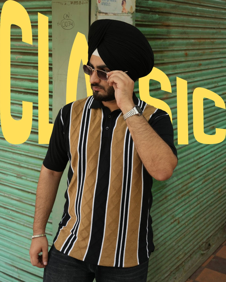 Man wearing a Dellure brown and black striped knitted polo t-shirt