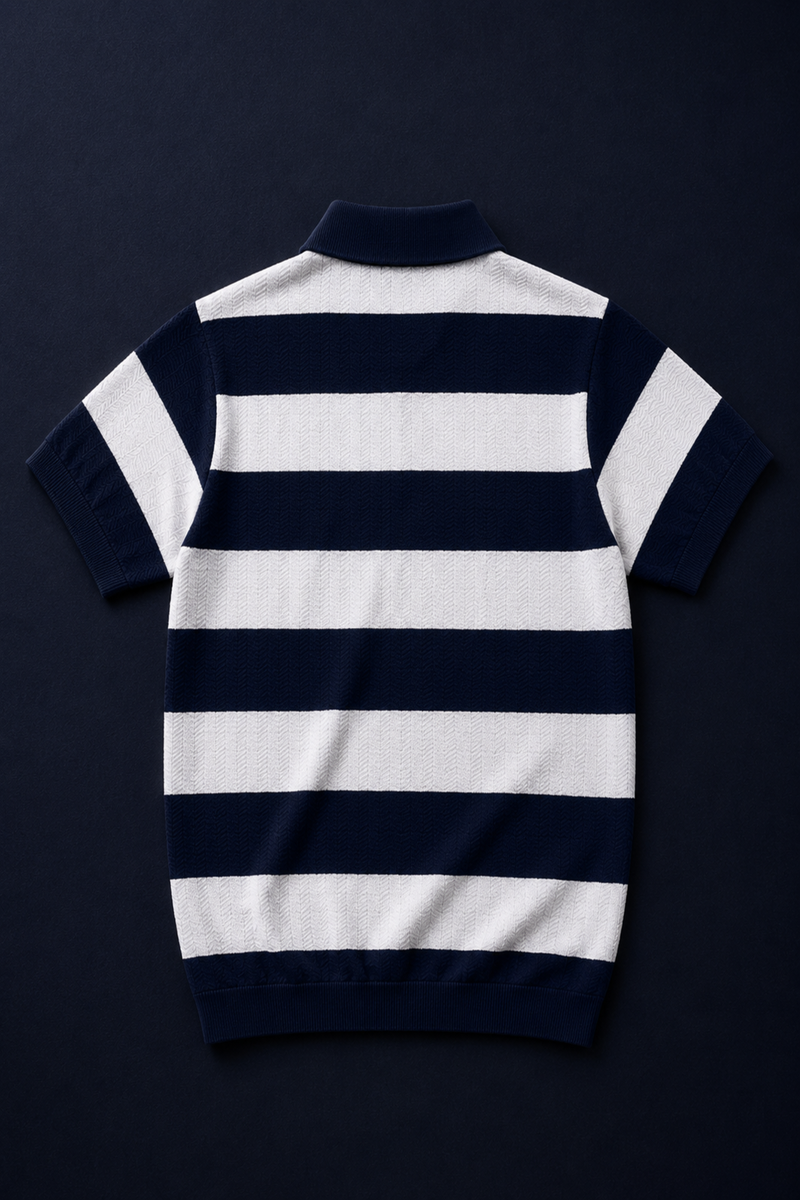 Navy and white striped dress on a dark background