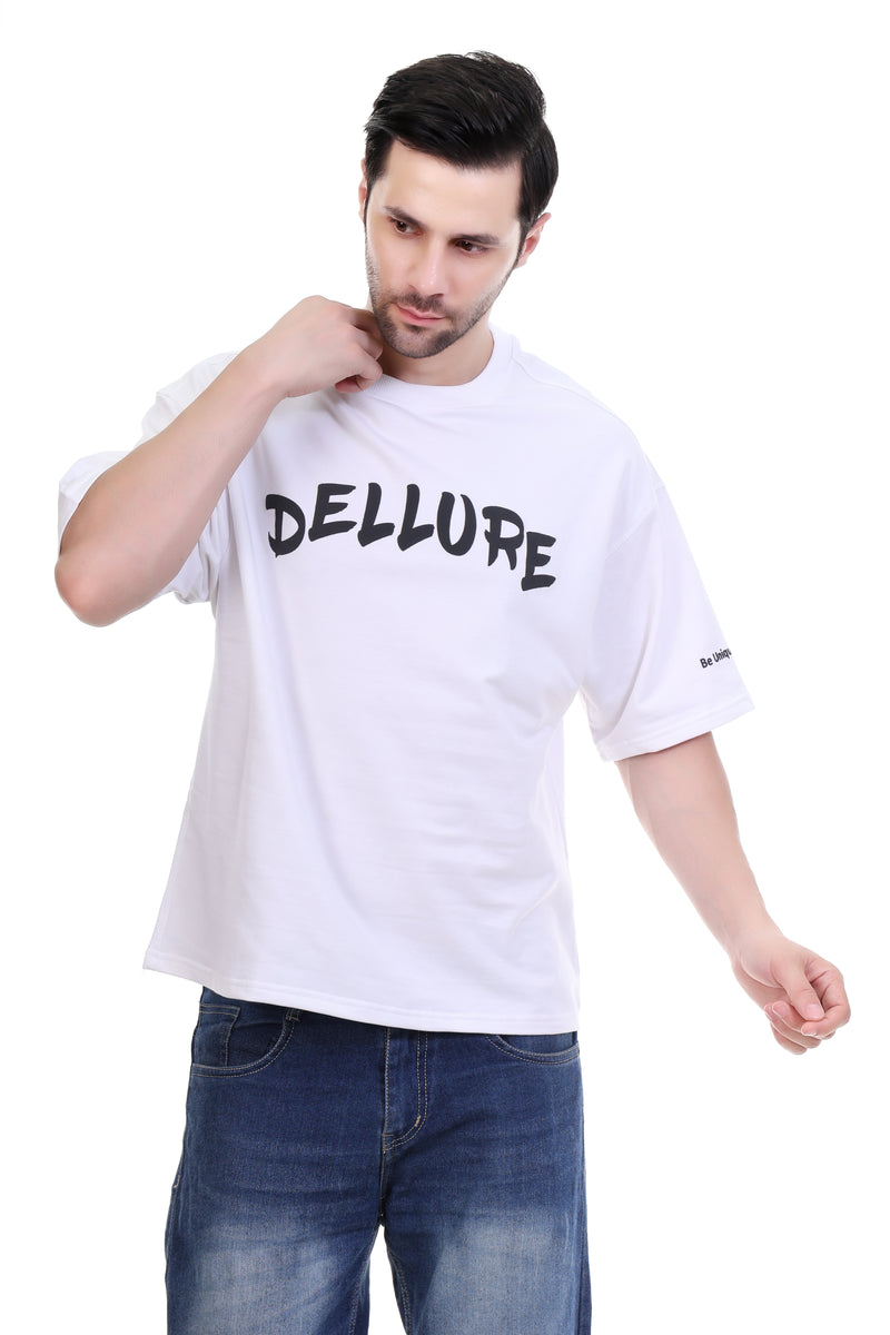 Man wearing a white t-shirt with 'DELLURE' text on a white background