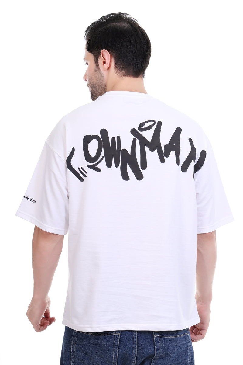 Person wearing a white t-shirt with black text on the back, standing against a white background