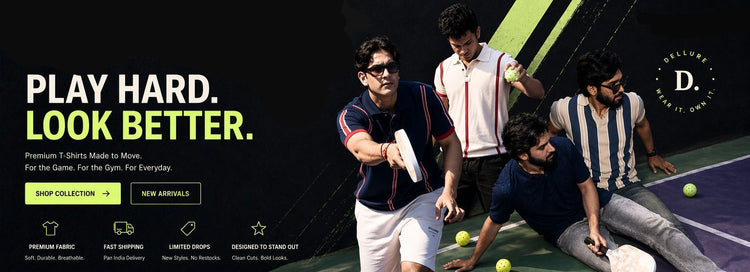 Trendy men's clothing brand website with promotional text and images of men playing tennis.