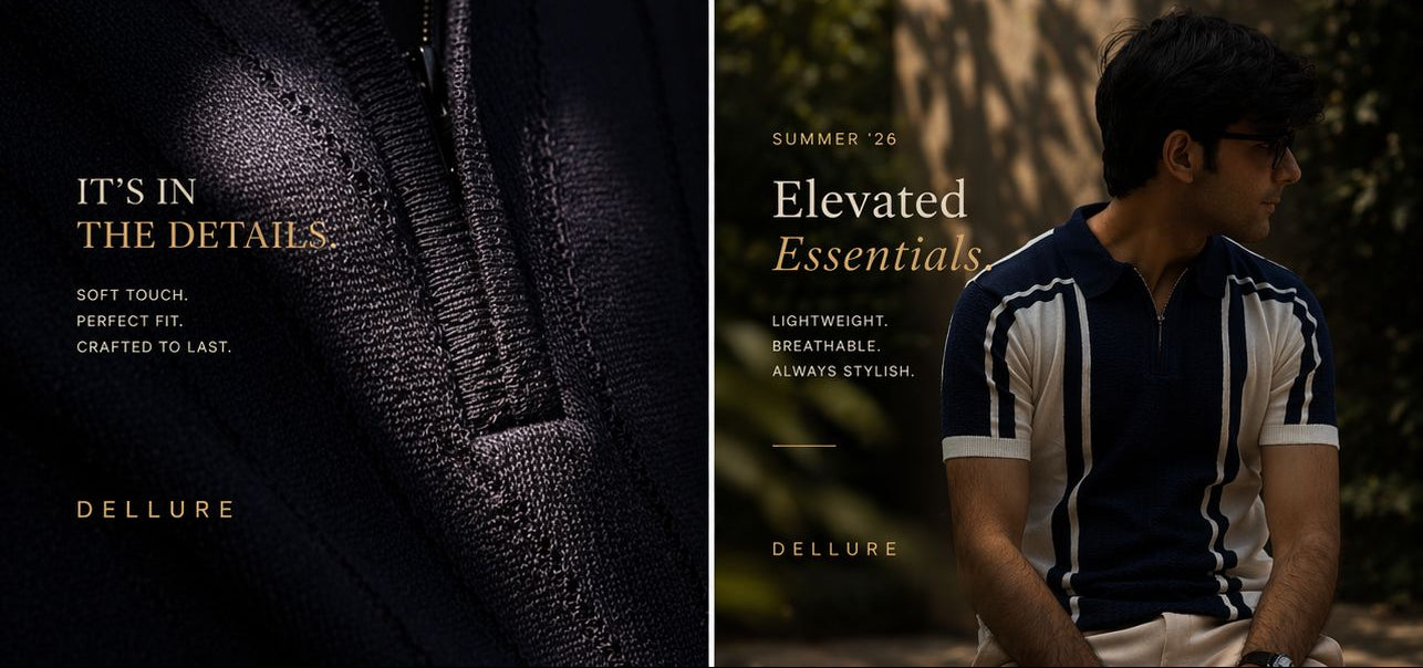 Collage of a man wearing sunglasses and a white shirt, with text about 'Del lure' brand's clothing.
