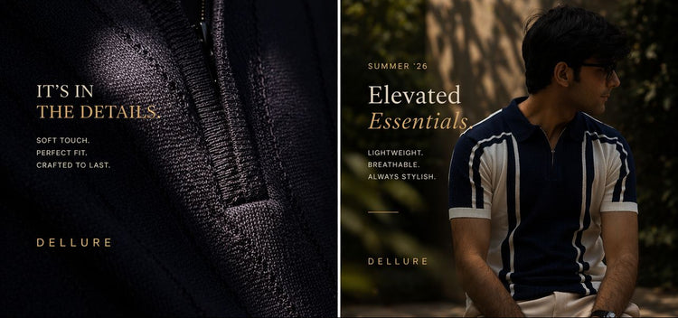 Collage of a man wearing sunglasses and a white shirt, with text about 'Del lure' brand's clothing.