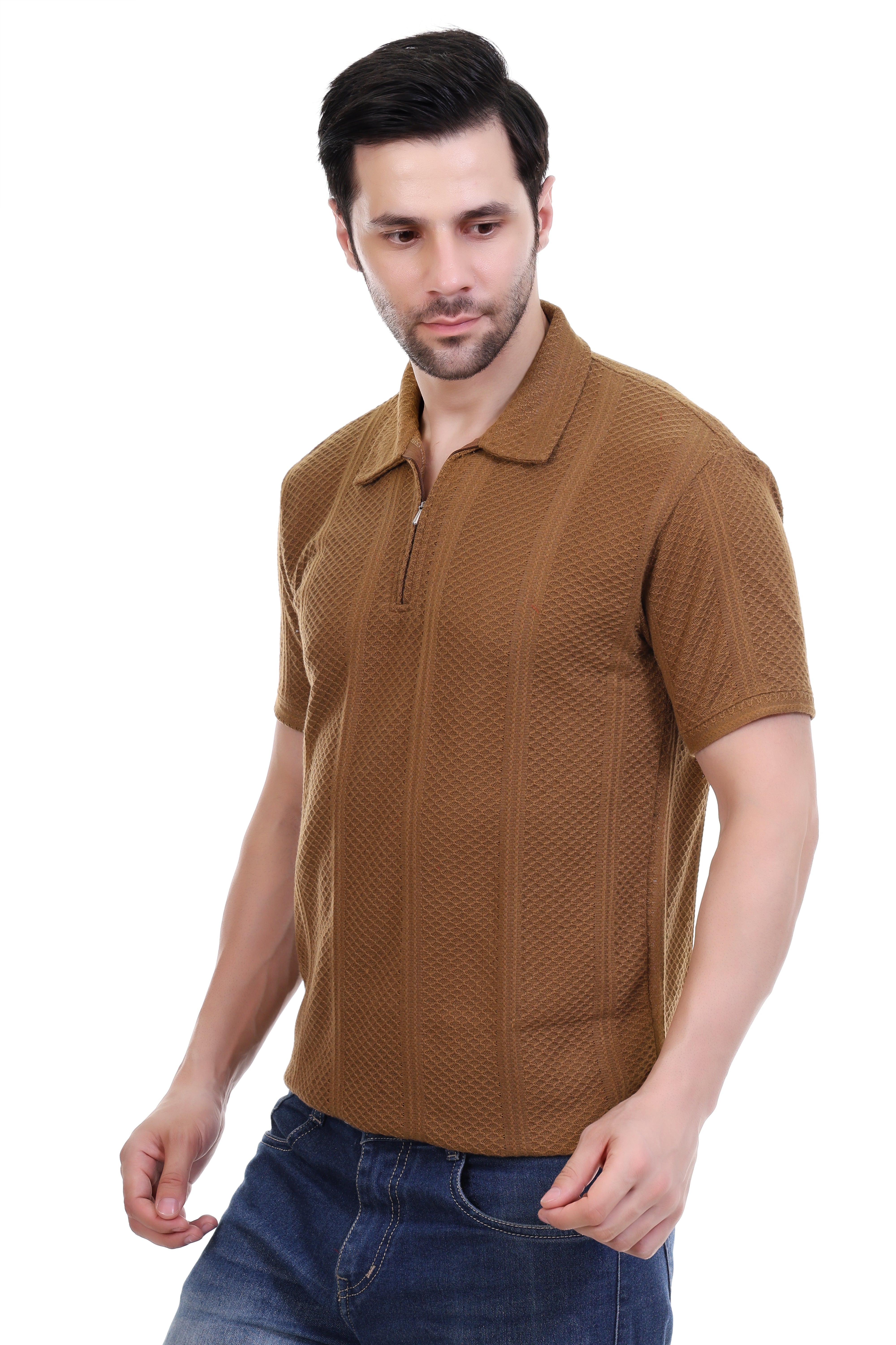 Man wearing a brown textured polo shirt on a white background