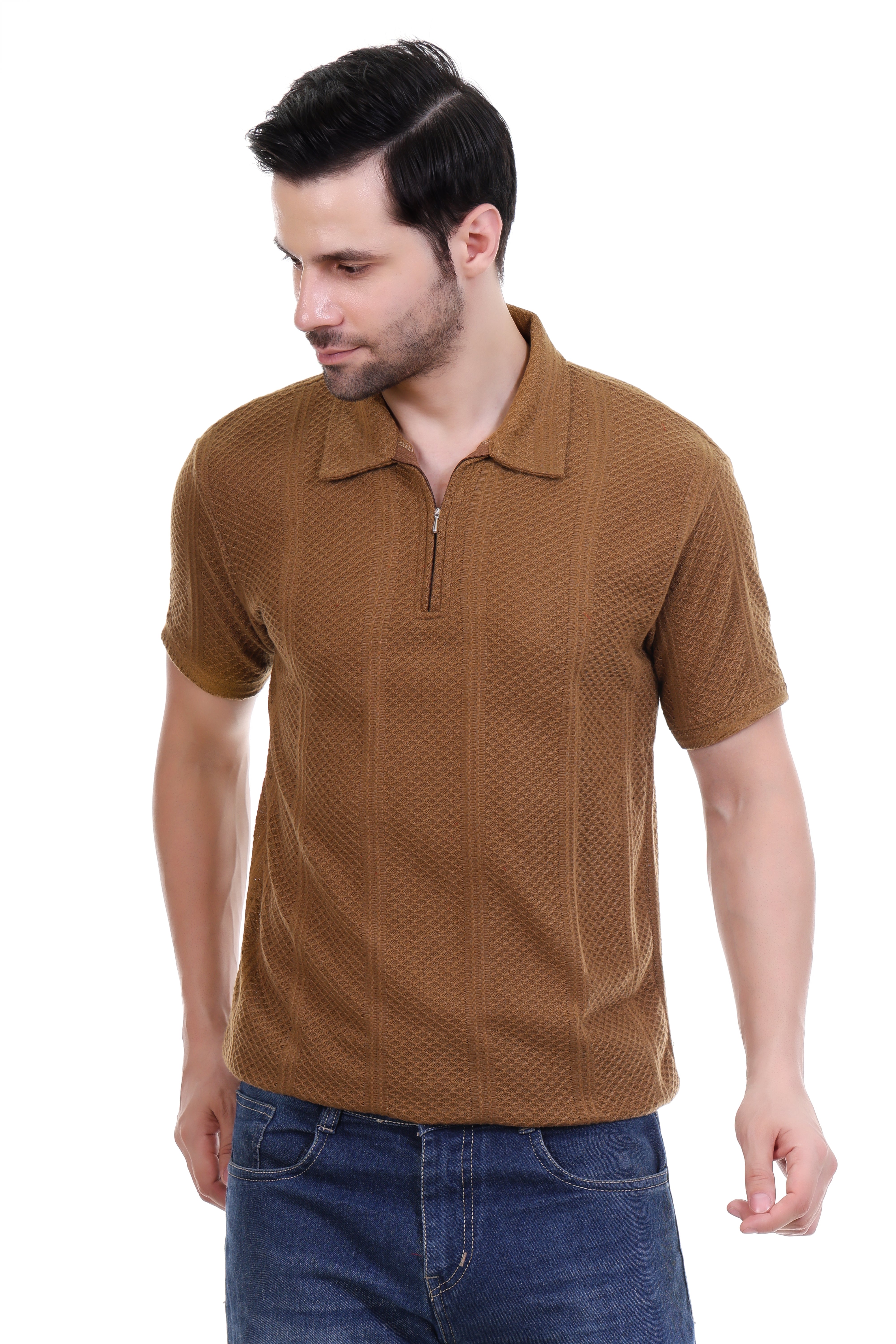 Man wearing a brown textured polo shirt on a white background