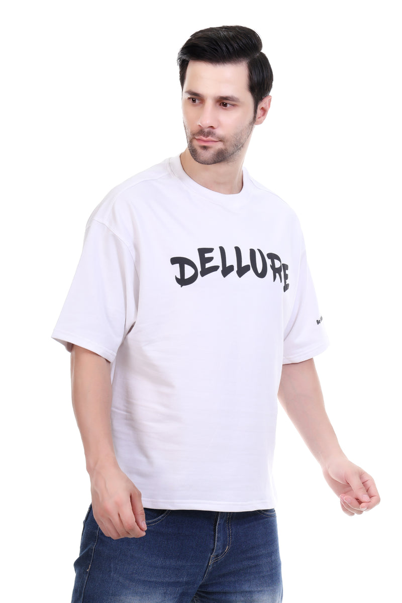 Man wearing a white t-shirt with 'DELLURE' text on a white background